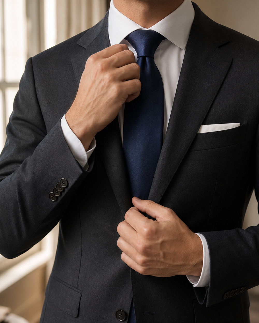 Man wearing a finished dark blue tie with confidence